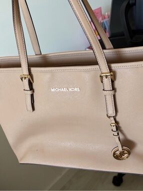 MICHAEL KORS Nude Beige Saffiano Leather Tote with Gold Hardware